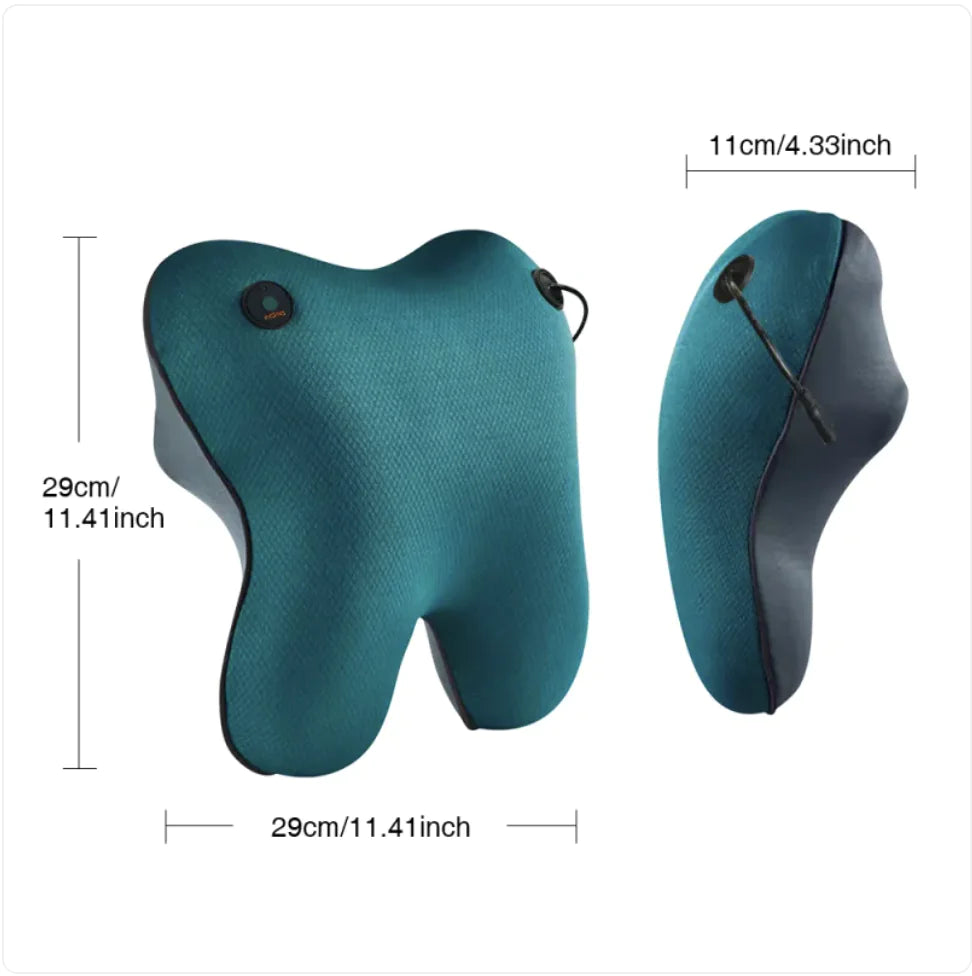 Teal neck pillow with measurements on a white background