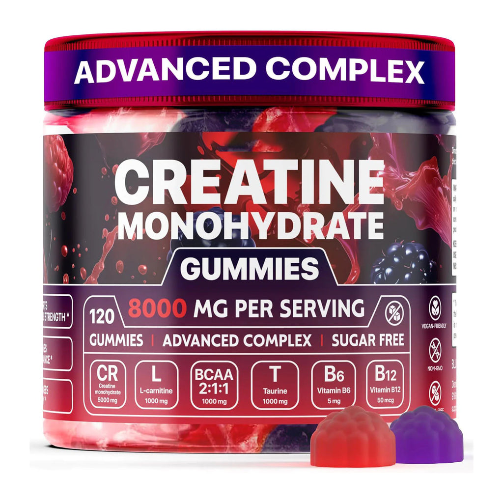 Container of Creatine Monohydrate Gummies with colorful design on a white background