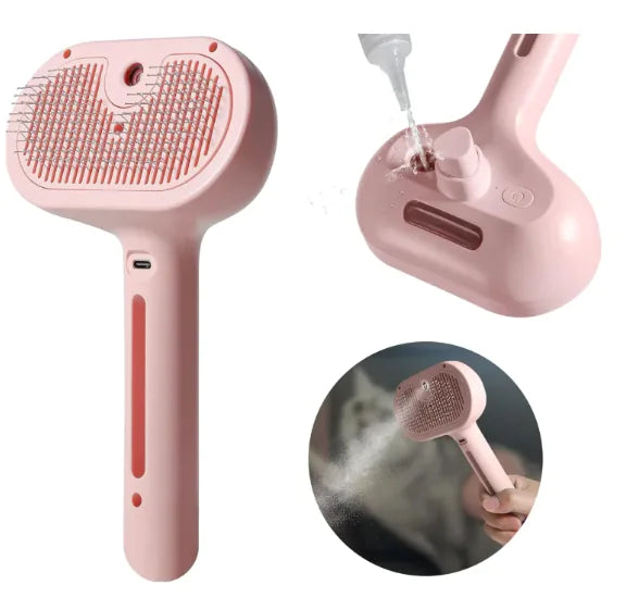 Pink handheld cleaning tool with brush and steam functions on a white background