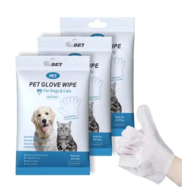 Packaging of pet glove wipes with a gloved hand on a white background