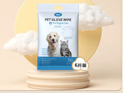 Pack of Pet Glove Wipes for Dogs and Cats with a dog and cat illustration on a beige background