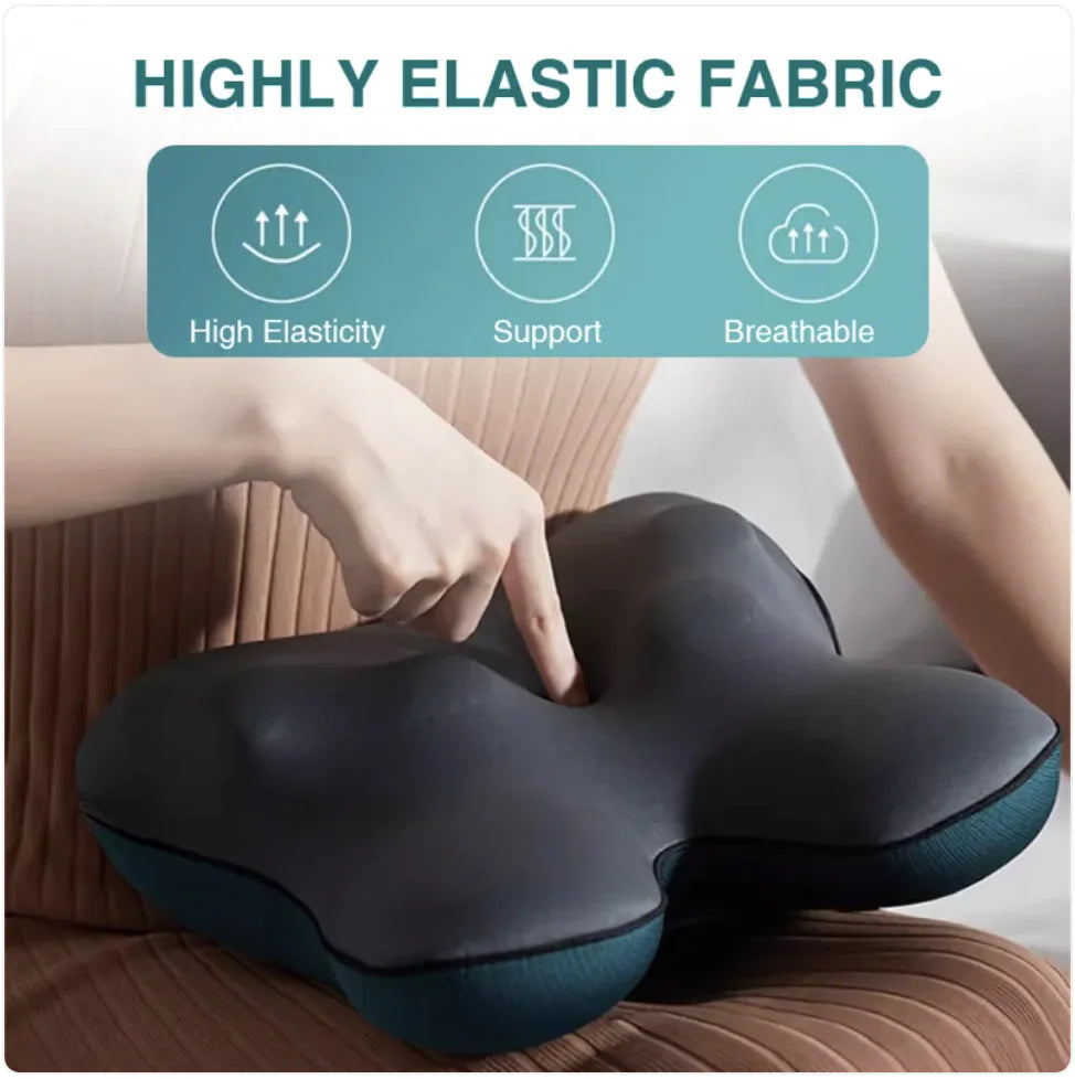 Ergonomic comfortable fabric with a hand pointing to it, labeled for high elasticity, support, and breathability.