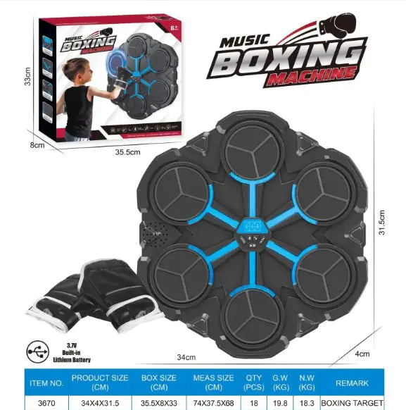 Music Boxing Machine with packaging, gloves, and dimensions displayed.