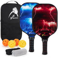 Full set including; Two pickleball paddles with blue and red lighting designs, a carrying black bag, and balls on a white background.