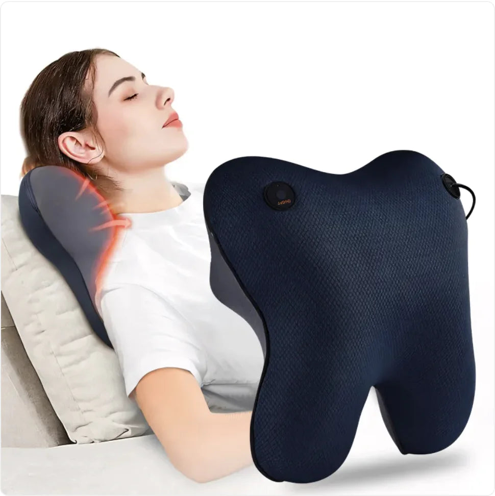 Person using a neck and shoulder massager pillow with glowing red lights on a white background