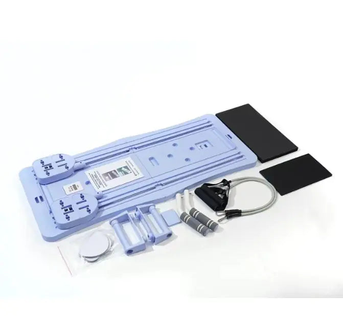 Full set of Compact Pilates Sliding Board including resistance bands and straps on a white background