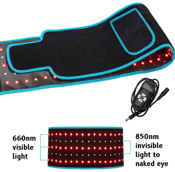 Black Black LED Infrared Belt Therapy Wrap with blue trim with visible and invisible light features, and power adapter.