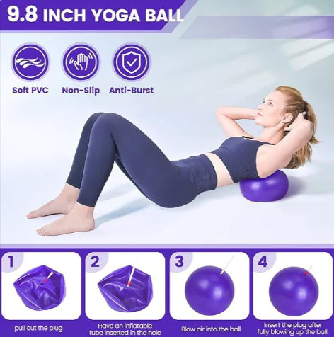Woman using a purple yoga ball with text on features and usage instructions.
