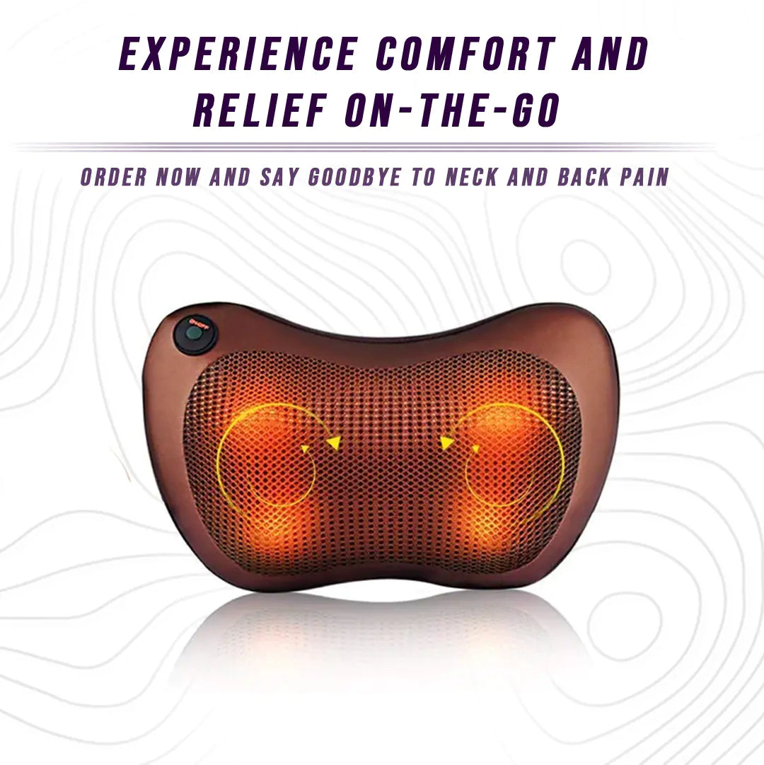 Massage pillow with glowing orange lights on a white background, promoting comfort and relief while on the go.