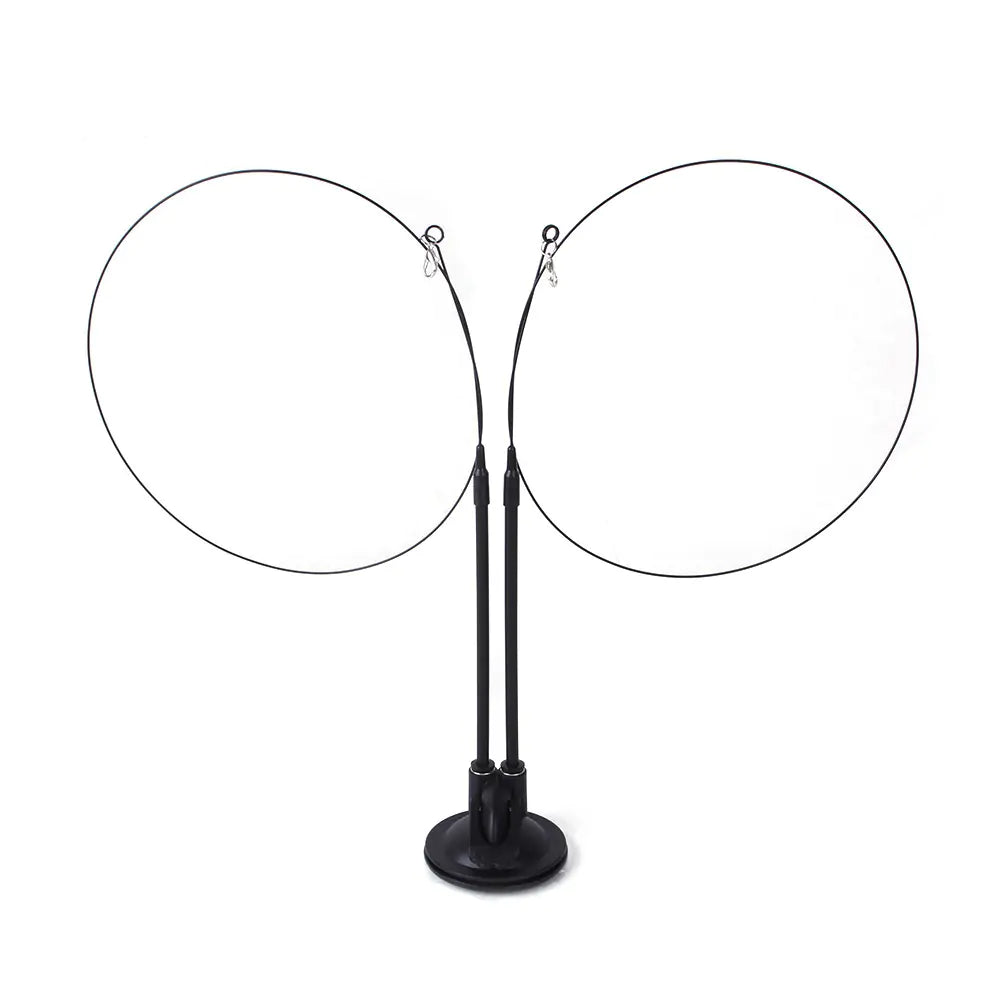 Black stand with two circular rings on a white background