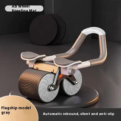 Gray Ab wheel kneeling mat with text on a dark background